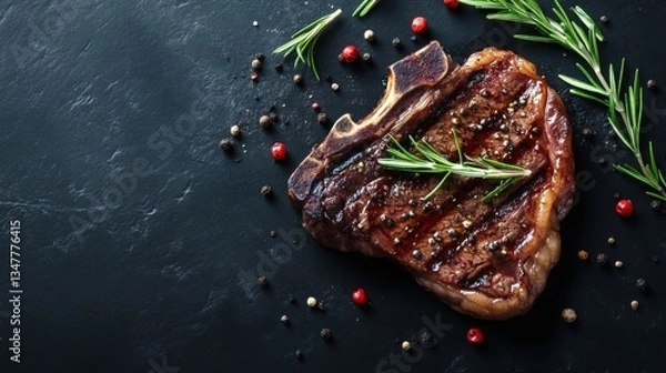 Fototapeta Grilled t-bone steak seasoned with rosemary and peppercorns on black background