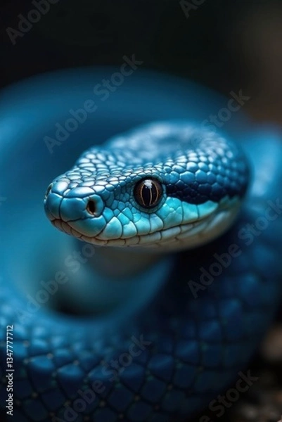 Fototapeta A blue viper snake's head is shown in close-up with two vertical pupils staring into the distance , reptile, venomous