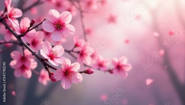 Fototapeta abstract pink sakura blossoms floating down in a soft focus landscape , nature, landscape, abstract