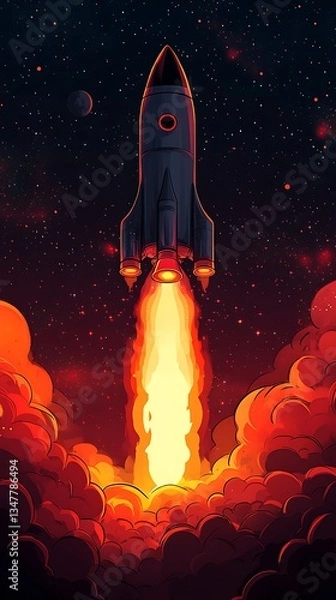 Fototapeta Fiery Rocket Launch into Starry Cosmos