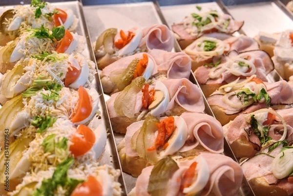 Fototapeta Traditional Czech Open-Faced Sandwiches on Bakery Display

