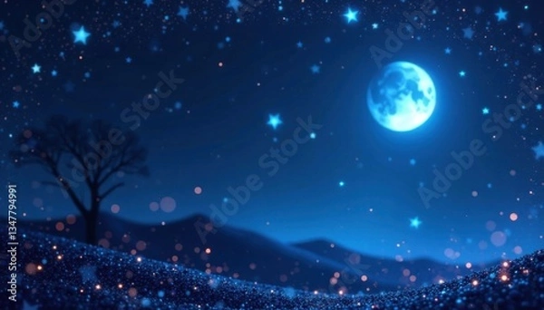 Fototapeta Dark blue frame with glitter bokeh and light art, surrounded by stars and moons in a mystical night scene, mystical, starry night