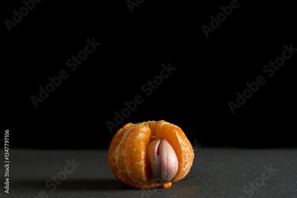 Fototapeta Concept being in the wrong place not fitting in head of garlic with a mandarin orange segment