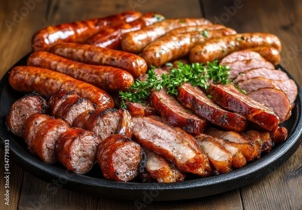 Fototapeta Assorted Grilled Sausages on Platter with Garnish of Fresh Herbs and Spices for Mouthwatering Barbecue or Summer Cookout Gatherings