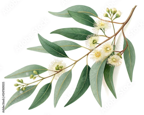 Fototapeta eucalyptus branch with flowers isolated on white background,  PNG.