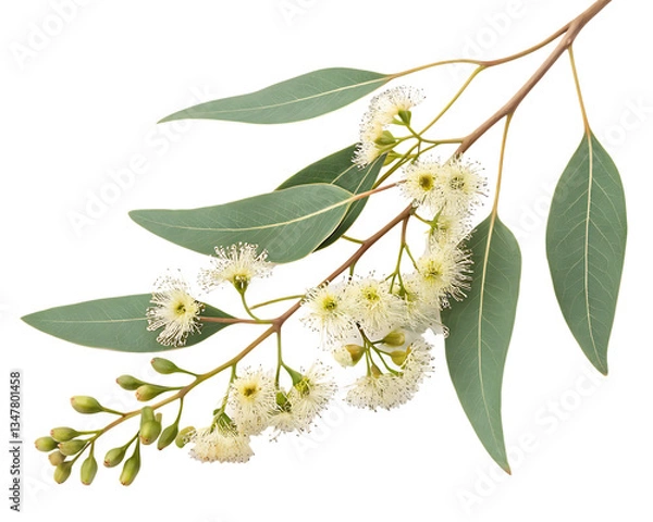 Fototapeta eucalyptus branch with flowers isolated on white background,  PNG.