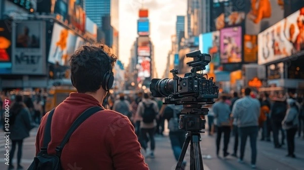 Fototapeta News Reporter Broadcasting Live in Times Square with Camera and a Big Crowd