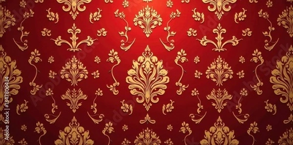 Obraz Elegant damask seamless vector pattern in rich red tones with golden accents , damask, luxurious, gold