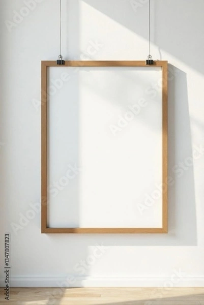 Obraz Empty modern frame suspended by clips against a clean white wall, white wall, clip, frame