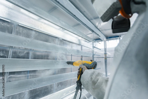 Obraz man painting parts in powder coating booth