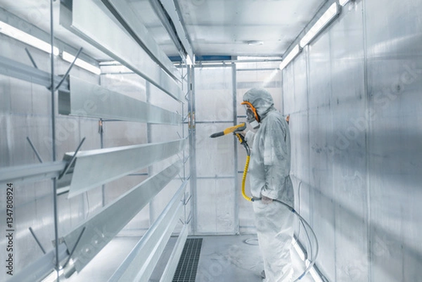 Obraz man painting parts in powder coating booth