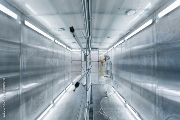 Obraz man painting parts in powder coating booth