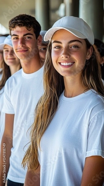 Fototapeta Diverse group of positive, smiling volunteers, young people in white t-shirts, caps, demonstrating social responsibility, youth community helping out, volunteering activity, copy space.