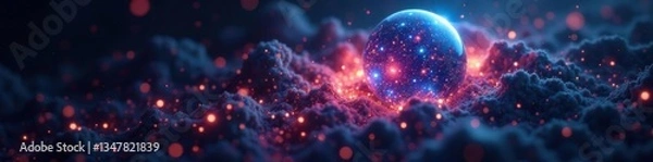 Fototapeta Iridescent sphere of digital energy coalescing with a dark nebula background ,  cosmos,  space