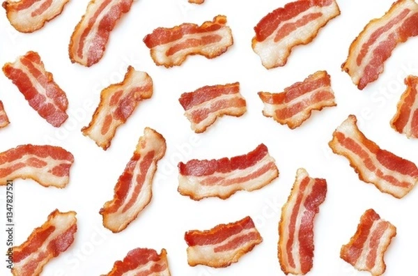 Fototapeta Delicious Crispy Bacon Strips Spread Out on a Clean White Surface Perfect for Food Photography and Culinary Design Projects