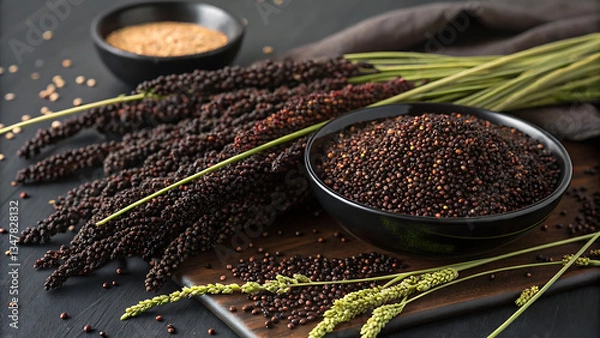 Obraz close-up of dark-colored finger millet (ragi) grains, both in their whole-grain form and as hulled seed, arranged on a dark wooden surface. 