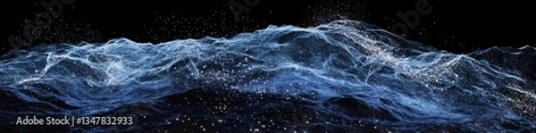 Fototapeta 3d render of blue and glowing orange dots on wavy lines in the air, black background, futuristic landscape