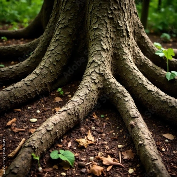 Fototapeta Rough wooden background with tree roots and forest floor details, forest, texture, tree roots