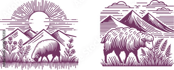 Fototapeta Engraved Scenic Set of Sheep Grazing on Wild Grass with Majestic Mountain Design 