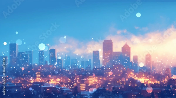 Fototapeta 青い夜空と光り輝く都市の風景 近未来の夜景 高層ビル群のライトが幻想的な雰囲気を演出するシティスケープ サイバーパンクな世界観 デジタルアート。70年代、80年代のシティポップを意識した都市の夜景のアニメ風イラスト,