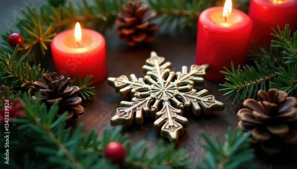 Fototapeta Snowflake ornament surrounded by candles, pinecones and evergreen branches, branch, evergreen, ornaments