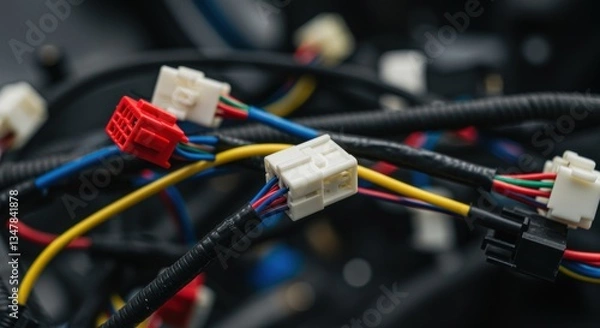 Fototapeta A close-up of colorful electrical connectors and wires showcases the intricate world of automotive wiring, highlighting essential components for power transmission and connectivity.