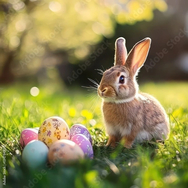 Fototapeta Rabbit with colorful Easter eggs