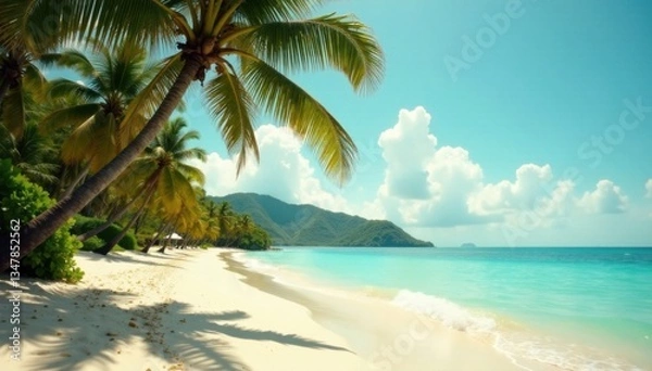 Fototapeta Vintage toned film camera captures serene moment on tropical sandy beach with swaying palm trees and calm ocean waves, serenity, palm trees