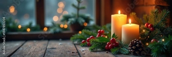 Fototapeta Warmly lit Christmas scene with evergreen branches, holly, mistletoe, candles, and pinecones in a cozy winter setting, Christmas Scene, Pinecones