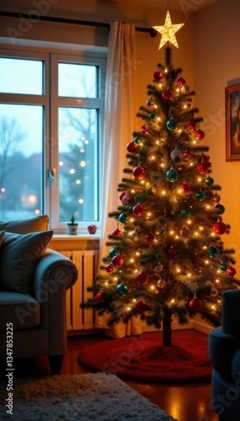 Fototapeta Warmly glowing Christmas tree with colorful ornaments and twinkling lights in a cozy living room setting, twinkling lights, holiday season