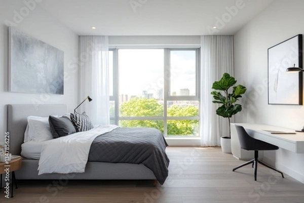 Fototapeta A modern bedroom is shown with light wood floors and city views