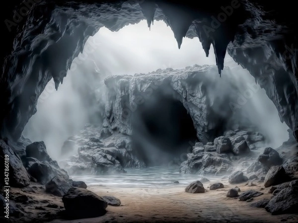Obraz Mysterious foggy cave with jagged rocks and sandy floor.