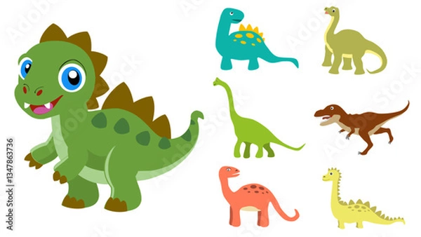 Fototapeta Cute Dinosaurs icon set. Cute Dinosaurs icon collection. Vector of various types of Dinosaurs icon isolated on white background. Flat icon.