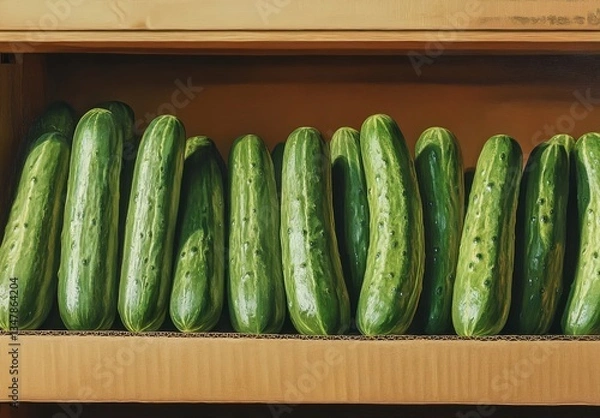 Fototapeta Fresh Green Cucumbers Arranged Neatly on a Wooden Shelf in a Market Setting, Highlighting Their Crisp Texture and Vibrant Color