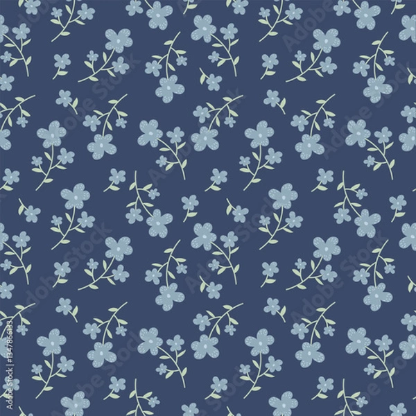 Fototapeta A beautiful seamless pattern features soft blue flowers and delicate green stems against a dark-blue background. 