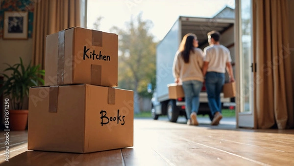 Obraz Cardboard boxes labeled "kitchen" and "books" on hardwood floor in the foreground, with out of focus young couple carrying boxes and loading moving truck in the blurred background, moving to new home