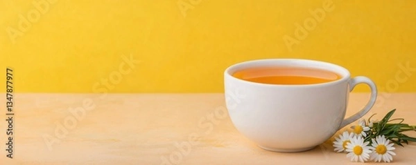 Fototapeta A cup of hot chamomile tea, gradient background with pastel yellow to soft green on the right, isolated minimalist style.