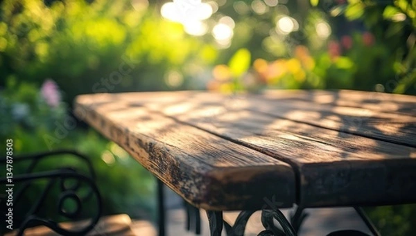 Fototapeta Rustic Wooden Table in a Sunlit Garden