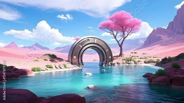Obraz The metallic portal in the middle of the clear river that connected to the ocean that has surrounded with the bright blue cloudy sky and the pink desert with the pink tree and pink mountain