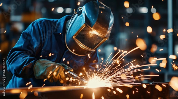 Fototapeta Professional Welder Working Intensely in Factory Environment