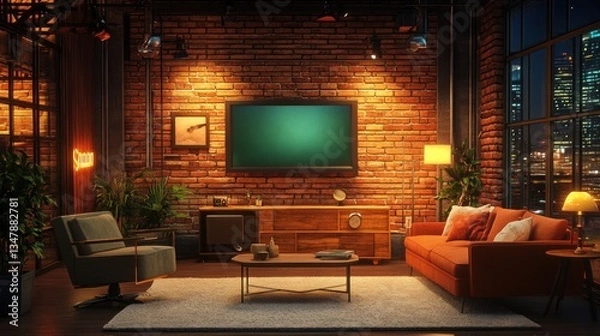 Obraz A cozy talk show set with warm lighting and a brick wall backdrop.