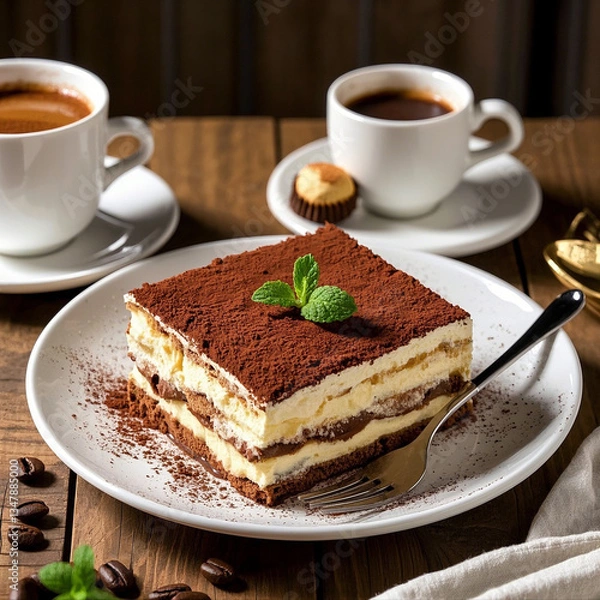 Fototapeta Classic Tiramisu with Coffee on Rustic Wooden Table