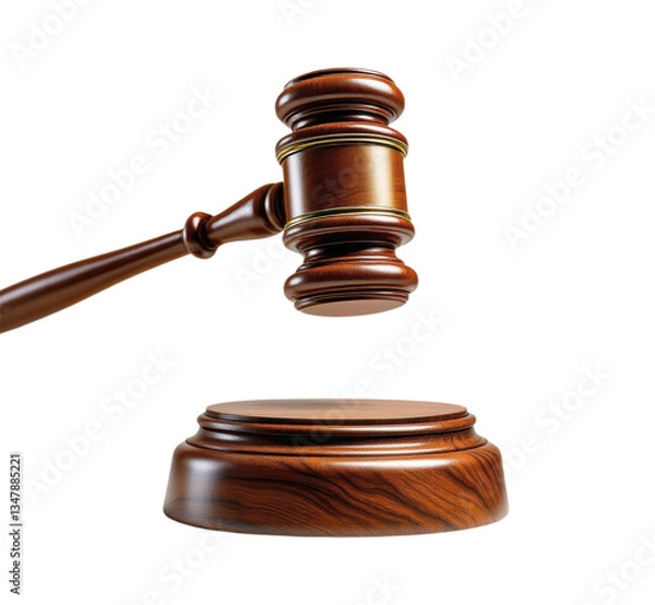 Fototapeta Wooden Judge Gavel with Sound Block, Justice and Law Symbol, Court Hammer with Brown Oak Wood Texture Isolated on Transparent and White Background