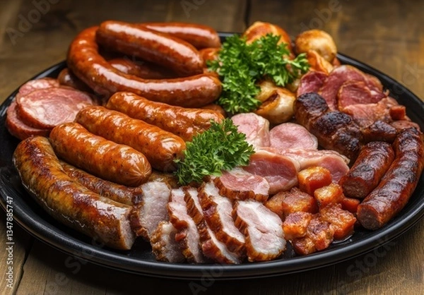 Fototapeta Gourmet Meat Platter Featuring Sausages, Bacon, Ham, and Herbs on a Wooden Table for Culinary Experiences and Food Photography Projects