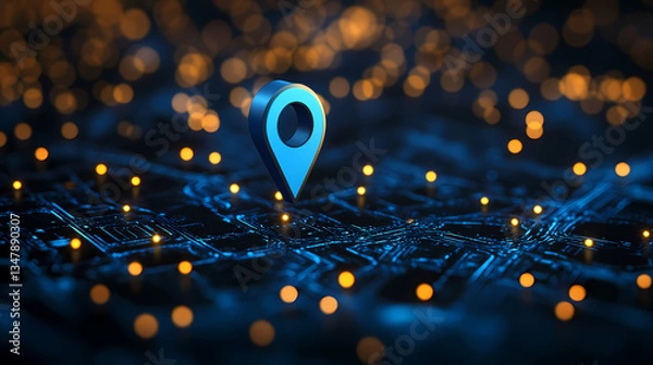 Fototapeta Blue Pin Icon on Circuit Board with Light Bulbs