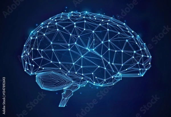 Fototapeta A stylized 3D digital rendering of a human brain depicted as a glowing network of interconnected nodes and lines against a dark blue background
