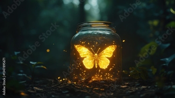 Fototapeta Enchanting glowing butterfly in a glass jar, nestled in a mystical forest
