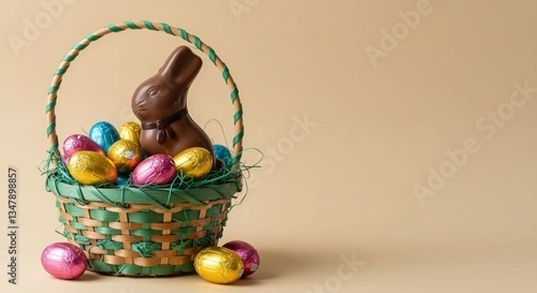 Fototapeta Chocolate bunny in a colorful woven basket filled with shiny chocolate eggs, exuding a festive and playful atmosphere against a soft beige background