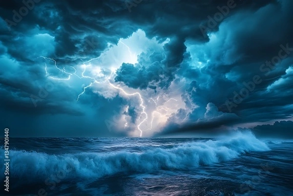 Fototapeta A storm scene bursts with lightning bolts amid chaos evoking awe and danger  
