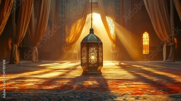 Obraz Sunlit Mosque Interior With Ornate Lantern